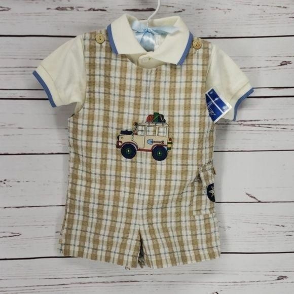 Samara Brown Plaid 2 Pc Infant Shortall Set‎ 6-9 months - Picture 1 of 8